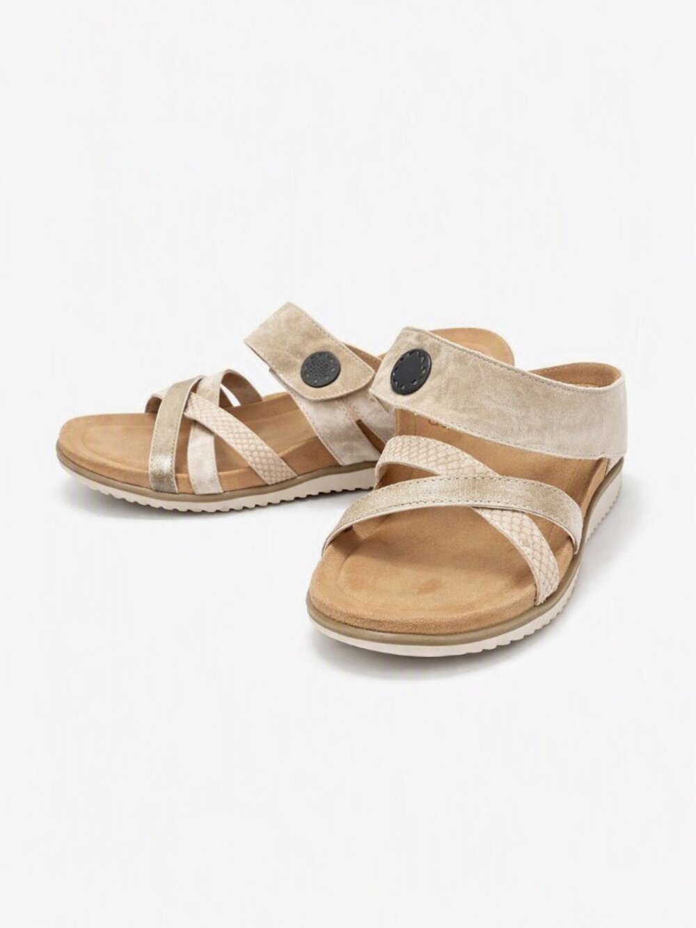 Comfortiva Lexi Leather Strappy Sandals 8/Beige&Gold/Cushioned Footbed/Like New